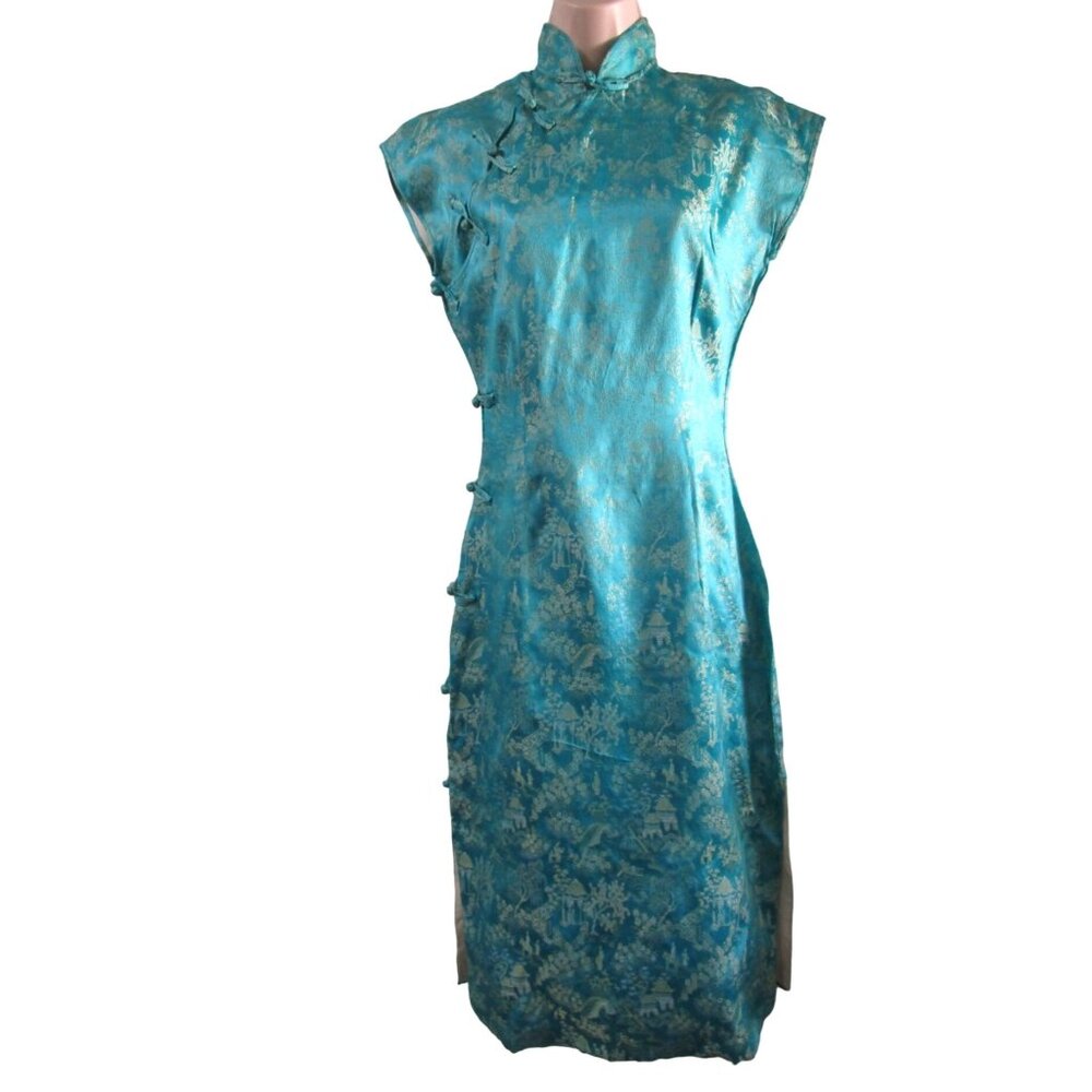 Vintage Fukubon Fancy Style Blue Yellow Silk Cheongsam M Japan Minor Damage GUC